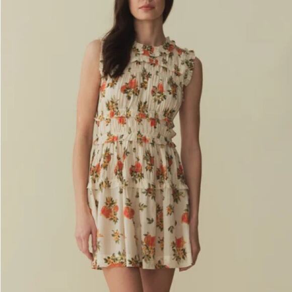 Doen Dresses & Skirts - Doen Martha Shirred Ruffle Cotton Sleeveless Mini Dress Orangerie Floral